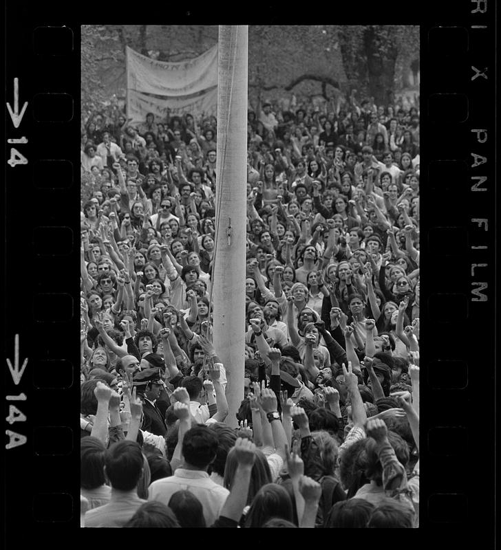 Kent State shootings demonstration: Flag lowered to half mast, State House, Boston Common