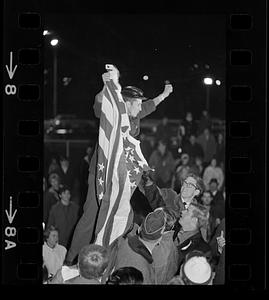 "Blue collar" pro-Vietnam rally: Speaker with U.S. flag, Boston