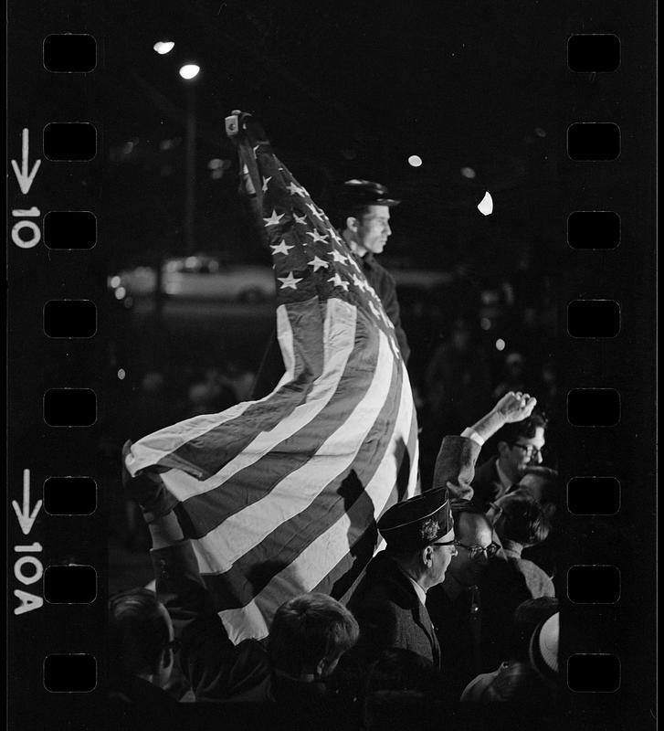 "Blue collar" pro-Vietnam rally: Speaker with U.S. flag, Boston