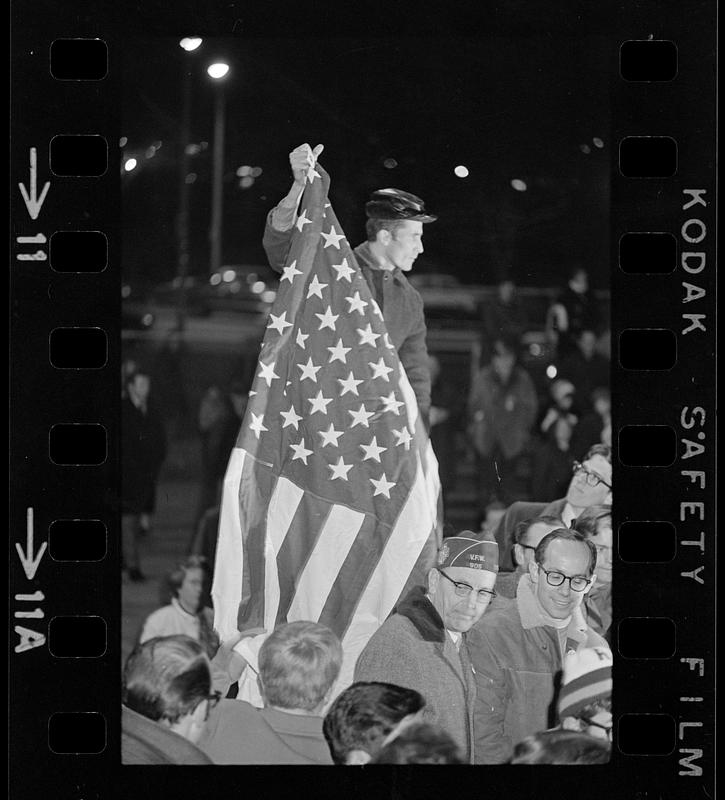 "Blue collar" pro-Vietnam rally: Speaker with U.S. flag, Boston