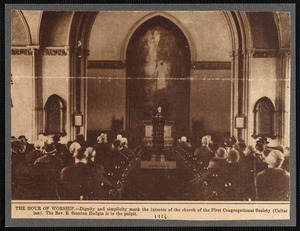 Interior of First Congregational Society Unitarian church, New Bedford, MA showing parishioners in pews during service. Rev. E. Stanton Hodgin officiates