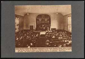 Interior of North Christian Church, New Bedford, MA showing parishioners in pews during service. Rev. Herbert M. Hainer officiates