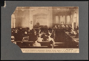 Interior of South Primitive Methodist Church, New Bedford, MA showing parishioners in pews during service. Rev. Charles H. Kershaw officiates