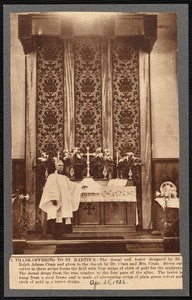 Altar of St. Martin's Church, New Bedford, MA with robed clergyman standing at left. Dossal and tester designed by Dr. Ralph Adams Cram
