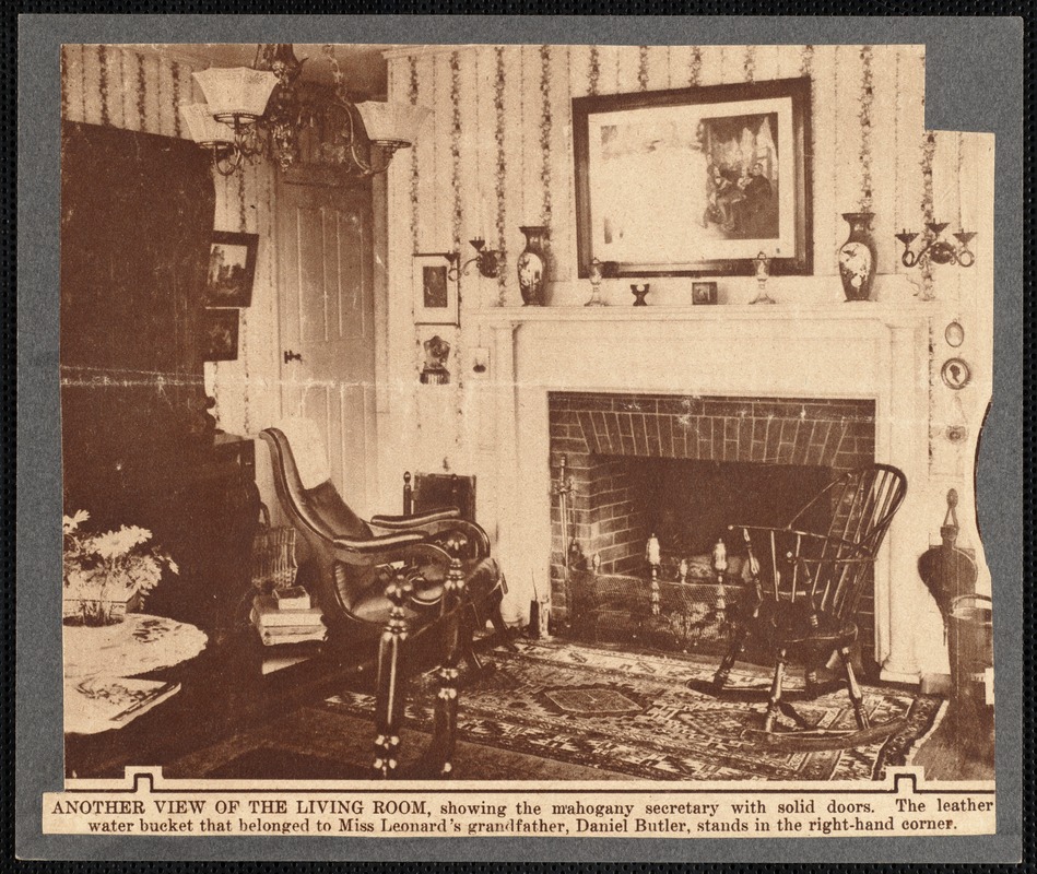 Parlor (living room) in the Leonard house, New Bedford, MA showing fireplace