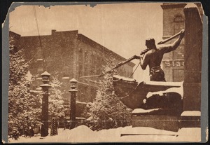 Whaleman statue by Bela Pratt during snowfall