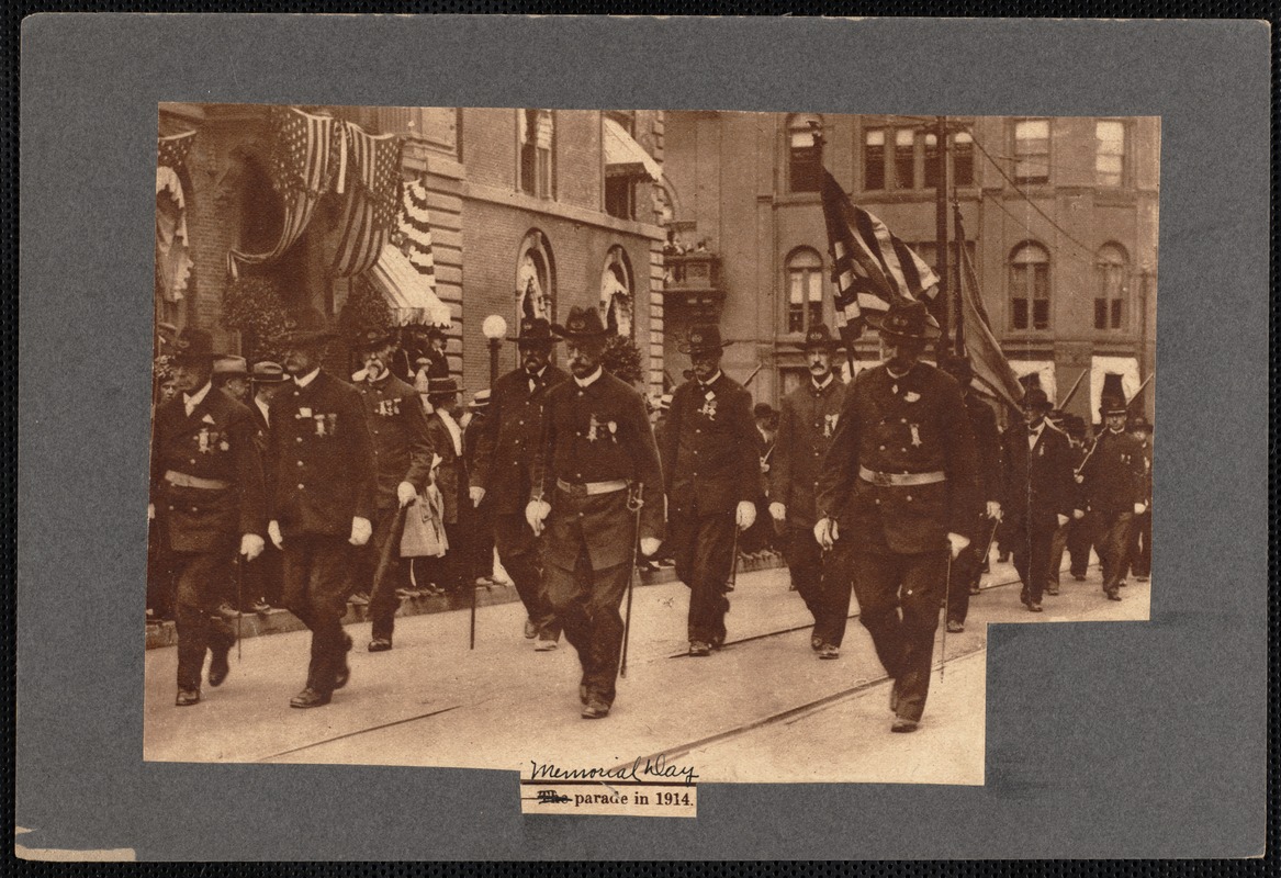 Civil War veterans marching in Memorial Day parade on William Street, New Bedford, MA