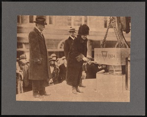 Mrs. Andrew G. Pierce laying cornerstone for Y.W.C.A. building, New Bedford, MA