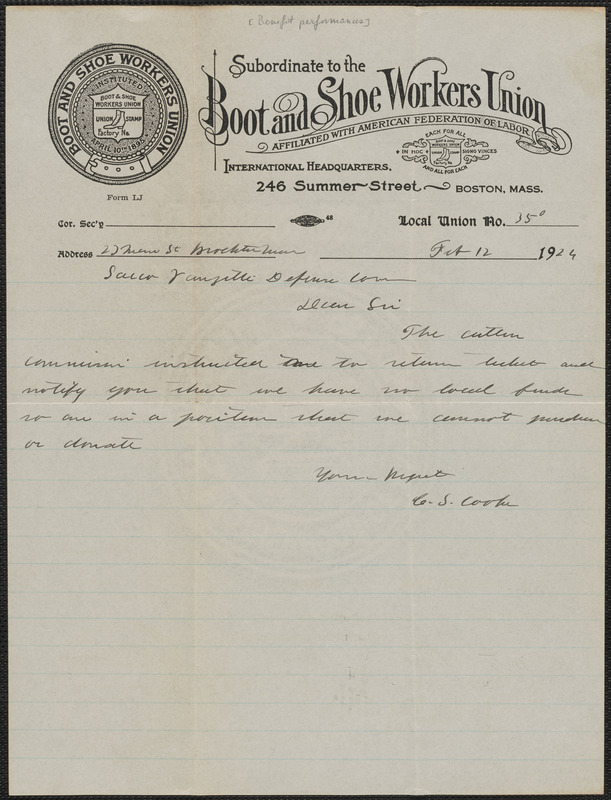 C. S. Cooke (Boot and Shoe Workers Union) autograph letter signed to Sacco-Vanzetti Defense Committee, Brockton, Mass., February 12, 1924