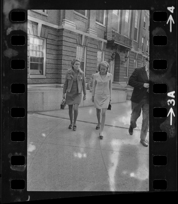 Kathryn White and her sister Nancy Galvin leaving Massachusetts General Hospital after visiting Boston Mayor Kevin White