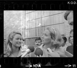 Mrs. Kathryn White (right) and sister Nancy Galvin talk to newsmen after their visit to Mayor Kevin White yesterday at Massachusetts General Hospital