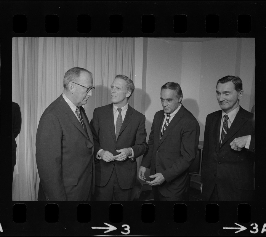 Meeting of the four Democratic gubernatorial primary candidates the morning after the primary, Maurice Donahue, Kevin White, Francis Bellotti, and Kenneth O'Donnell