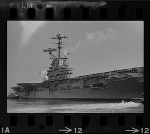 The aircraft carrier USS Wasp, prime recovery ship for astronauts Tom Stafford and Eugene Cernan, leaves Boston Harbor for recovery station southeast of Bermuda