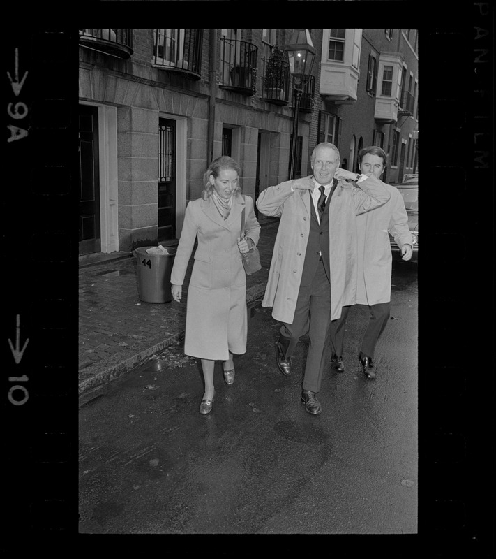 Boston Mayor Kevin White and Kathryn White walking to polling station for mayoral election