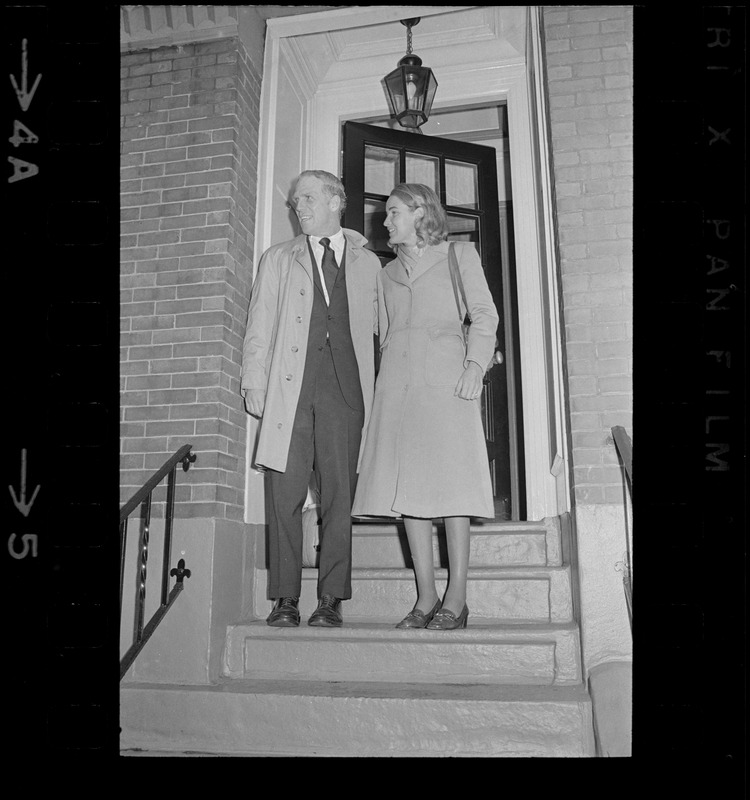 Boston Mayor Kevin White and Kathryn White in front of home on election day