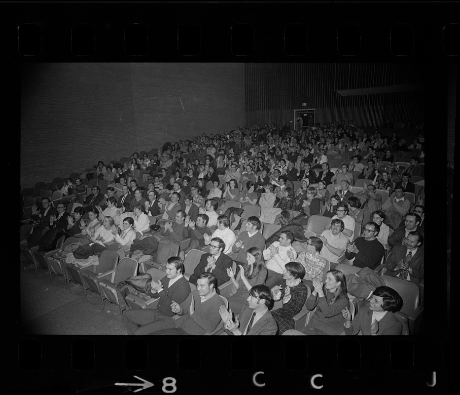 Audience at Woburn High School during meeting about teachers strike