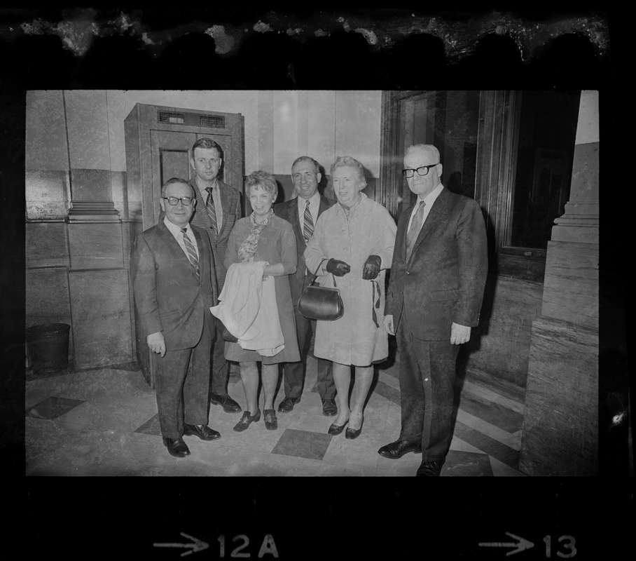 Members of Woburn School Committee leave Suffolk Court house after agreement. From left, Donald Del Luca, Joseph Crowley, Mrs. Marilyn Finerty, school committee chairman, Carl Torrice, Kathleen Brennan and George Contalonis