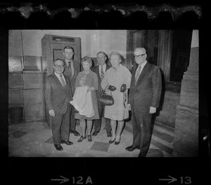 Members of Woburn School Committee leave Suffolk Court house after agreement. From left, Donald Del Luca, Joseph Crowley, Mrs. Marilyn Finerty, school committee chairman, Carl Torrice, Kathleen Brennan and George Contalonis