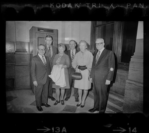 Members of Woburn School Committee leave Suffolk Court house after agreement. From left, Donald Del Luca, Joseph Crowley, Mrs. Marilyn Finerty, school committee chairman, Carl Torrice, Kathleen Brennan and George Contalonis