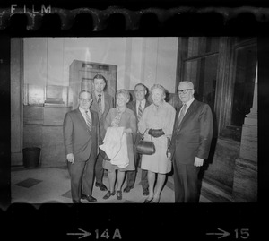 Members of Woburn School Committee leave Suffolk Court house after agreement. From left, Donald Del Luca, Joseph Crowley, Mrs. Marilyn Finerty, school committee chairman, Carl Torrice, Kathleen Brennan and George Contalonis