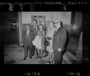 Members of Woburn School Committee leave Suffolk Court house after agreement. From left, Donald Del Luca, Joseph Crowley, Mrs. Marilyn Finerty, school committee chairman, Carl Torrice, Kathleen Brennan and George Contalonis