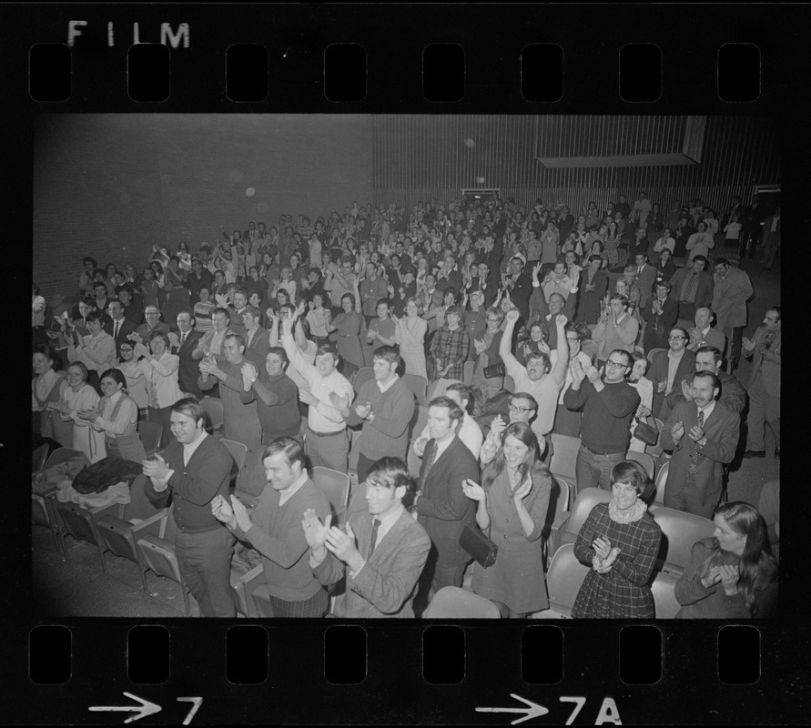 Audience at Woburn High School during meeting about teachers strike