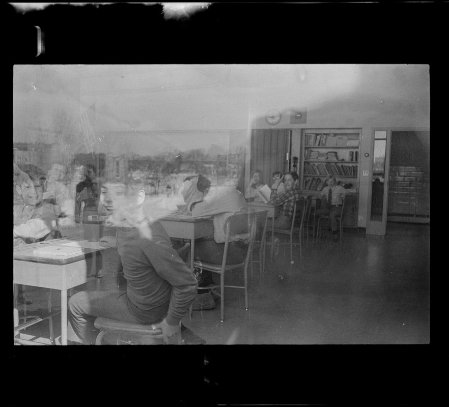 View of class through window at Malcolm S. White Elementary School during Woburn teachers strike