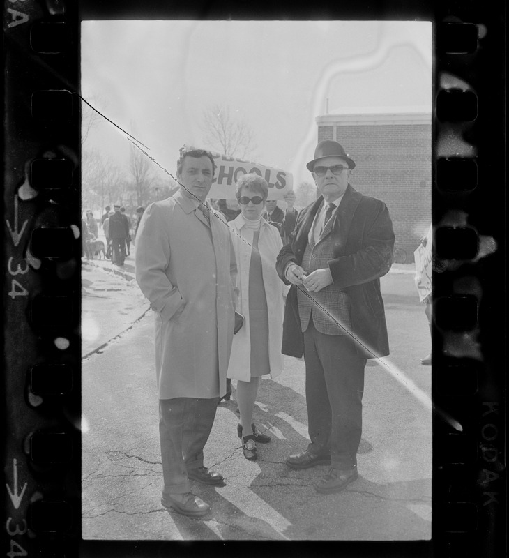 City Solicitor Charles DiPanfilo, Woburn School Committee Chairman Marilyn Finnerty and unidentified man visit teachers' picket line at Malcolm S. White Elementary School