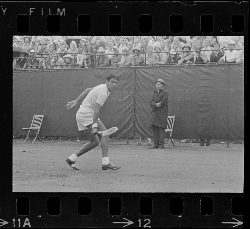 Pancho Gonzales playing in U. S. Professional Tennis Championship at Longwood Cricket Club