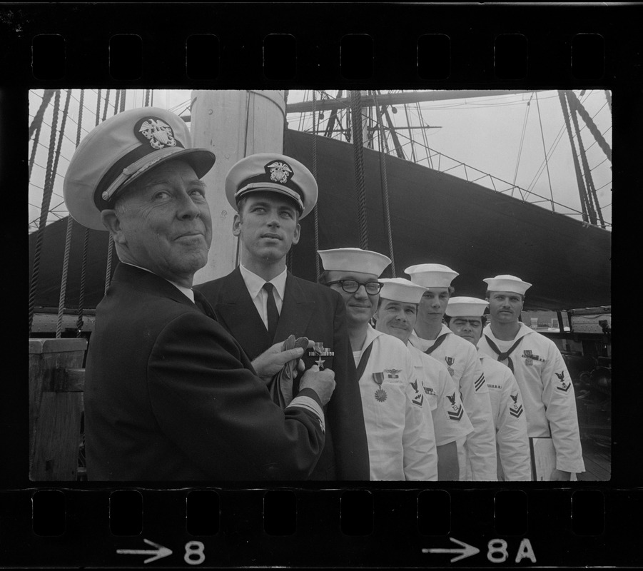 Rear Admiral Joseph C. Wylie, Lt. Donald May, Robert G. Lisi, Charles Thorndike, Eric Tallberg, Robert Lincourt, and Soren Spatzech-Olsen during ceremony aboard the USS Constitution