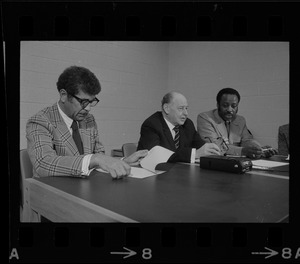 Judge Elwood McKenney, Superior Court Justice Walter H. McLaughlin, and unidentified man at conference at Roxbury courthouse to discuss crime in the black community