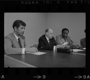 Judge Elwood McKenney, Superior Court Justice Walter H. McLaughlin, and unidentified man at conference at Roxbury courthouse to discuss crime in the black community