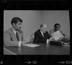 Judge Elwood McKenney, Superior Court Justice Walter H. McLaughlin, and unidentified man at conference at Roxbury courthouse to discuss crime in the black community