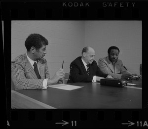 Judge Elwood McKenney, Superior Court Justice Walter H. McLaughlin, and unidentified man at conference at Roxbury courthouse to discuss crime in the black community