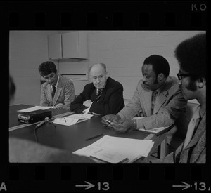 Judge Elwood McKenney, Superior Court Justice Walter H. McLaughlin, and unidentified man at conference at Roxbury courthouse to discuss crime in the black community