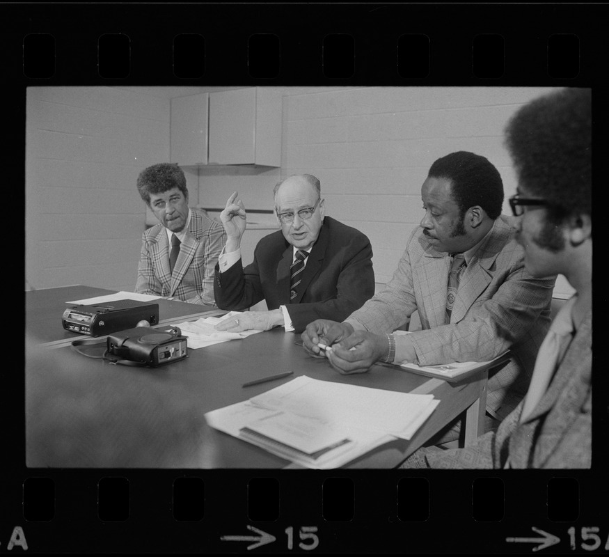 Judge Elwood McKenney, Superior Court Justice Walter H. McLaughlin, and unidentified man at conference at Roxbury courthouse to discuss crime in the black community