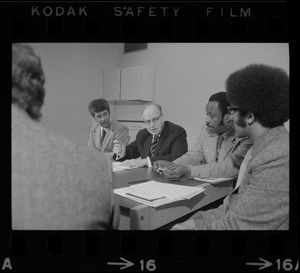 Judge Elwood McKenney, Superior Court Justice Walter H. McLaughlin, and unidentified man at conference at Roxbury courthouse to discuss crime in the black community