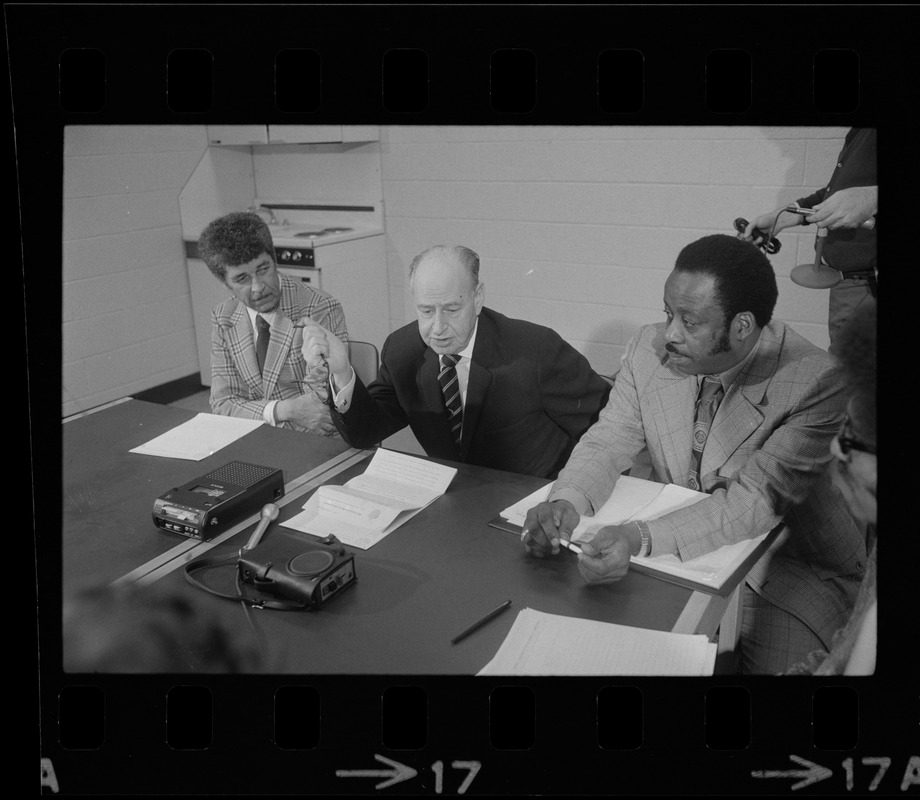 Judge Elwood McKenney, Superior Court Justice Walter H. McLaughlin, and unidentified man at conference at Roxbury courthouse to discuss crime in the black community