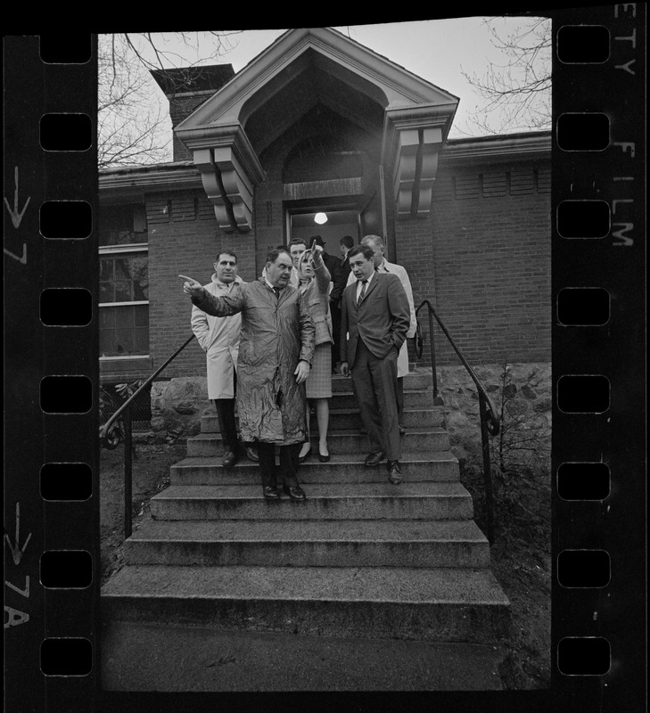 House Speaker John F. X. Davoren, left, leads group of members of General Court from Fernald School, Waltham, after field trip