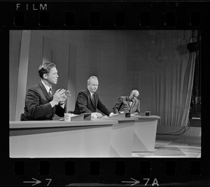 Democratic Senatorial hopefuls share same stage, but not necessarily the same views as they met face-to-face on a live TV broadcast to discuss the issues. The forum principals were, from left to right, former Gov. Endicott Peabody, Mayor John Collins and Thomas Boylston Adams