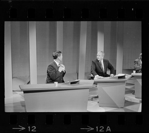 Democratic Senatorial hopefuls share same stage, but not necessarily the same views as they met face-to-face on a live TV broadcast to discuss the issues. The forum principals were, from left to right, former Gov. Endicott Peabody, Mayor John Collins and Thomas Boylston Adams