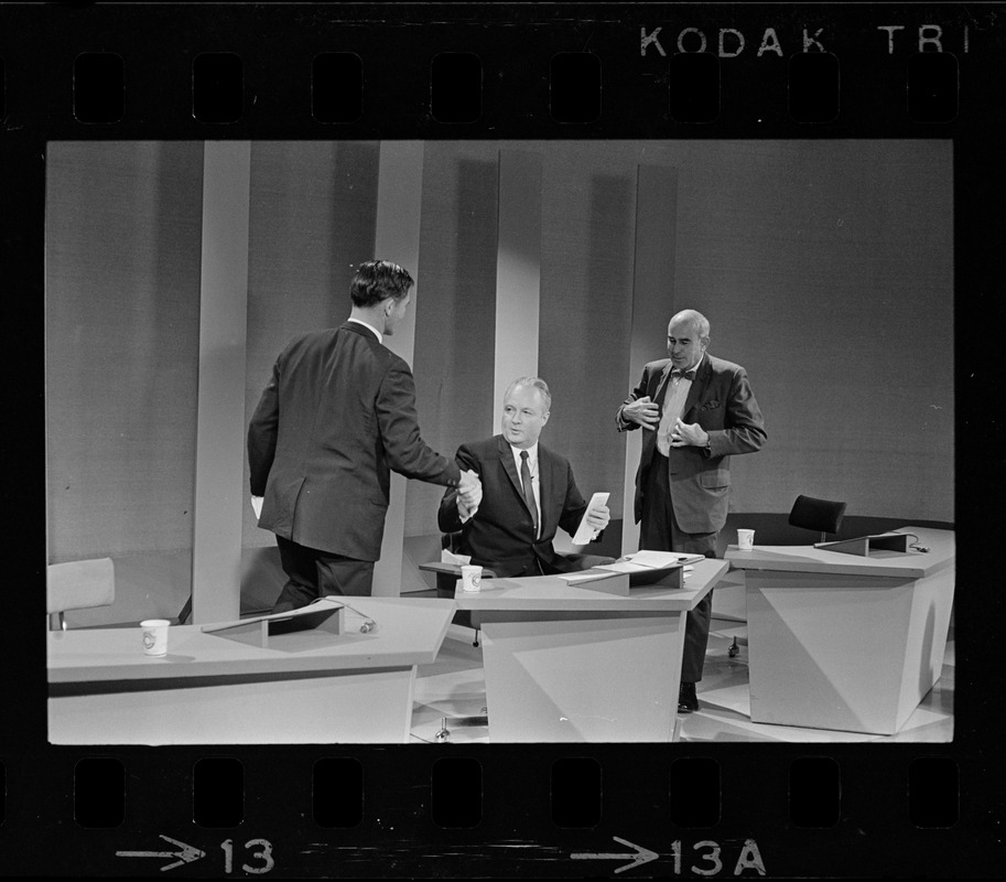 Democratic Senatorial hopefuls share same stage, but not necessarily the same views as they met face-to-face on a live TV broadcast to discuss the issues. The forum principals were, from left to right, former Gov. Endicott Peabody, Mayor John Collins and Thomas Boylston Adams