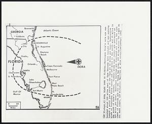Dora Bears Down on Florida--Hurricane Dora's calm eye was located about 190 miles east of Cape Kennedy late tonight and was pushing toward a point just north of the Cape at 12 miles per hour. Destructive winds of hurricane force extend out 150 miles to the north and 85 miles to the south of Dora's center. Highest winds near center are estimated at 125 miles per hour. Hurricane warnings are displayed all along the east coast of Florida and for the Tampa Bay area, 140 miles across the state on the west coast.