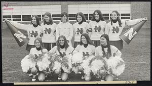 Norwood High School. Front L-R Kathy Sarno, Linn Schiano, Jayne Hartnett, Jean Carchedi. Rear Marie DeRoma, Janice Baron, Ellie Mae - cheerleader director, Paula Parise, Kathy Patsos, Ellen Tovell.