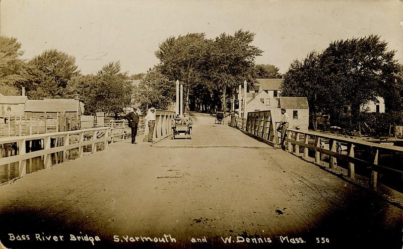 Stanley Steamer automobile on Bass River Bridge, South Yarmouth, Mass.