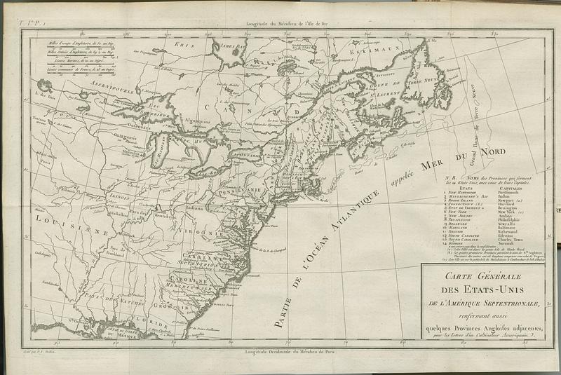 Carte générale des Etats-Unis de l'Amerique Septentrionale, renfermant aussi quelques provinces angloises adjacentes, pour les lettres d'un cultivateur amériquain