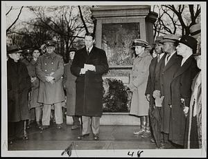 Mayor Maurice Tobin speaking at the Boston Massacre monument on Boston Common