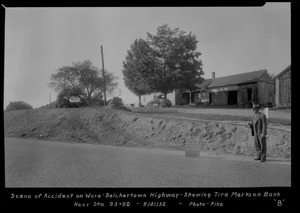 Scene of accident on Ware-Belchertown Highway, showing tire marks on bank, near Sta. 93+00, Belchertown, Mass., Sep. 21, 1932