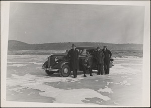 MDWSC engineers, with car, on frozen reservoir, Quabbin Reservoir, Mass., ca. 1940