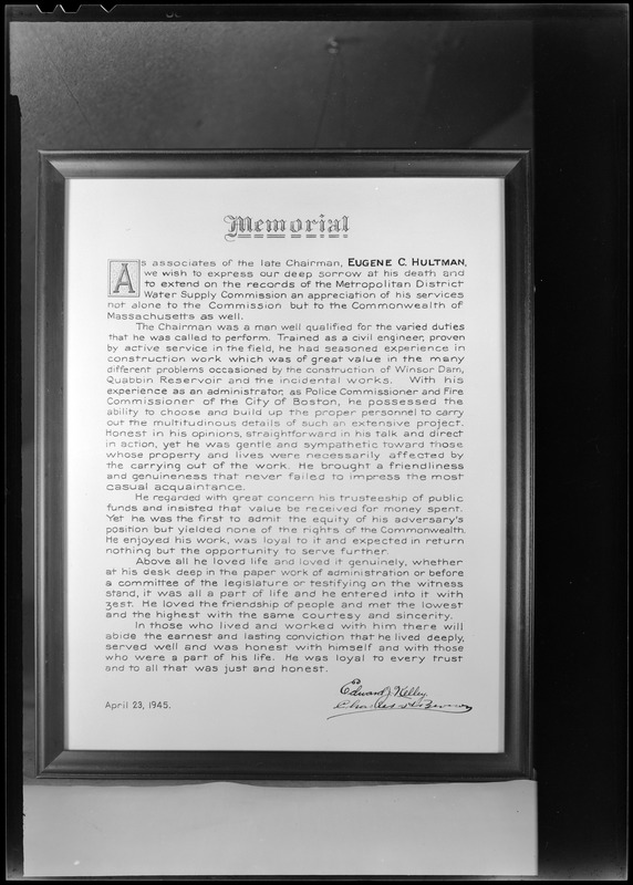 Text of "Memorial" to MDWSC Chairman Eugene C. Hultman, upon his death, signed by Associate Commissioners Edward J. Kelley and Charles H. Brown, Boston, Mass., April 23, 1945